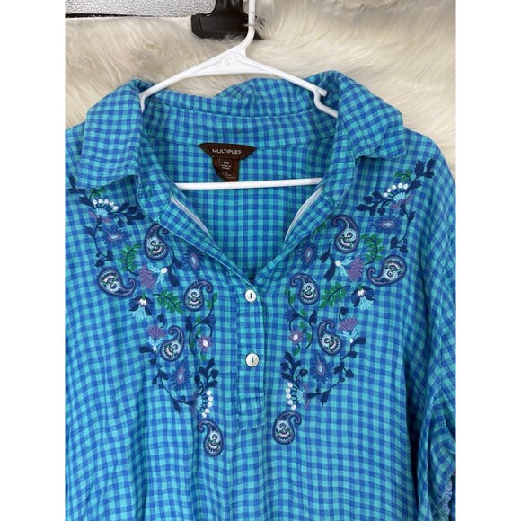 Multiples Blue Plaid Embroidered Tunic Mixed Fabric Top Boho Peasant Blouse OX - Picture 9 of 9